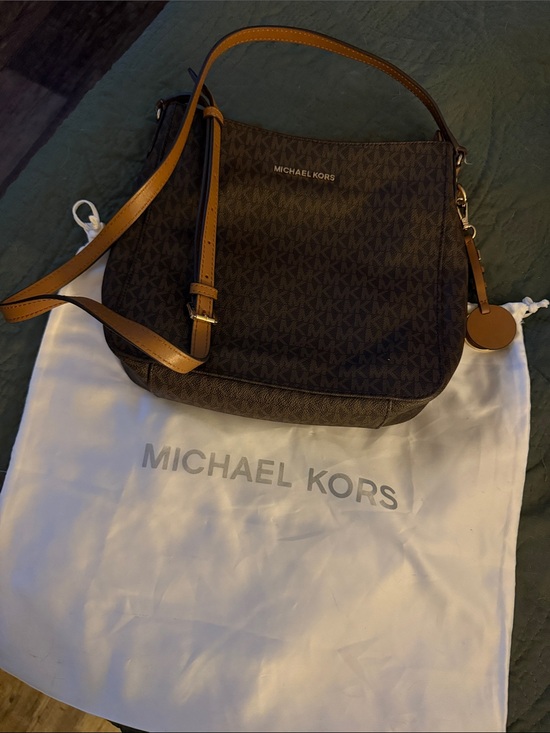 Michael Kors Handbags - Michael Kors Brown Monogram Crossbody with Tan Strap